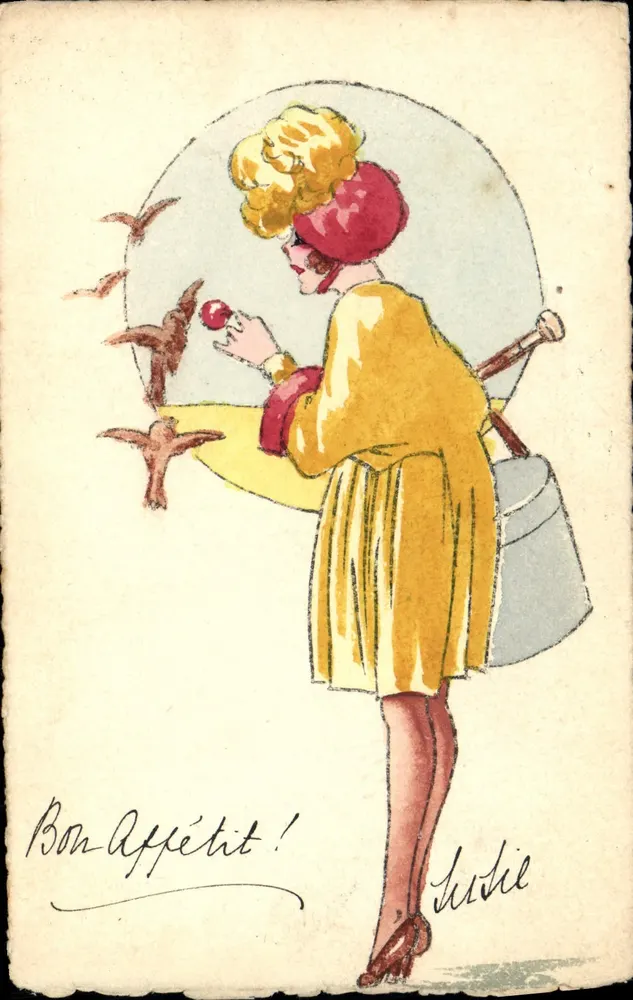 Frau in gelbem Kleid, die eine Äpfel an Vögel gibt — signierte Illustration 'Justie' — unbekannter Verleger - Vorderseite