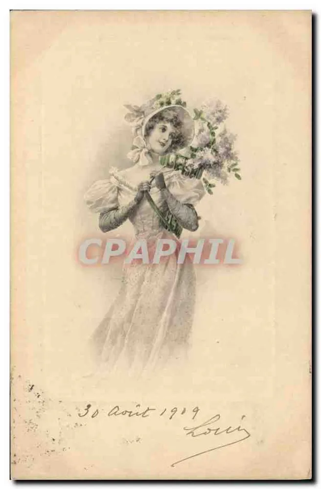 Frau in Kleid und blumigem Hut mit Lilienstrauß — datiert 30. August 1919 — Louis - Vorderseite