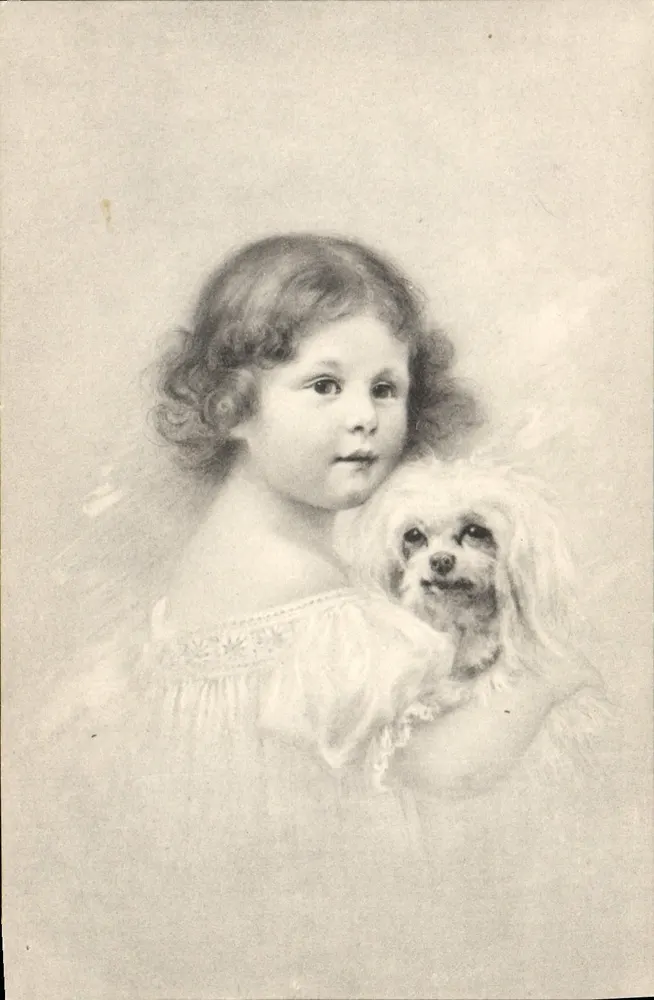Kleine Mädchen mit einem kleinen Hund — Tuschezeichnung — Verlag M. M. Vienne - Vorderseite