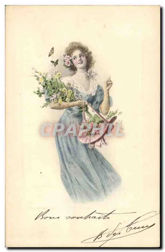 Junge Frau in blauer Robe mit Blumenbouquet — Verlag M. M. Vienne, Nr. 276 - Vorderseite