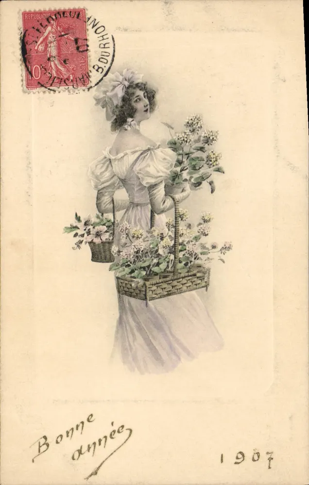 Frau in weißem Kleid mit Blumenkörben — Frohe Neujahr 1907 — M. M. VIENNE, N° 276 - Vorderseite