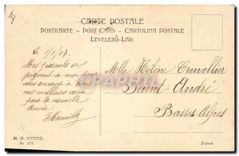 Frau in weißem Kleid mit Blumenkörben — Frohe Neujahr 1907 — M. M. VIENNE, N° 276 - Rückseite