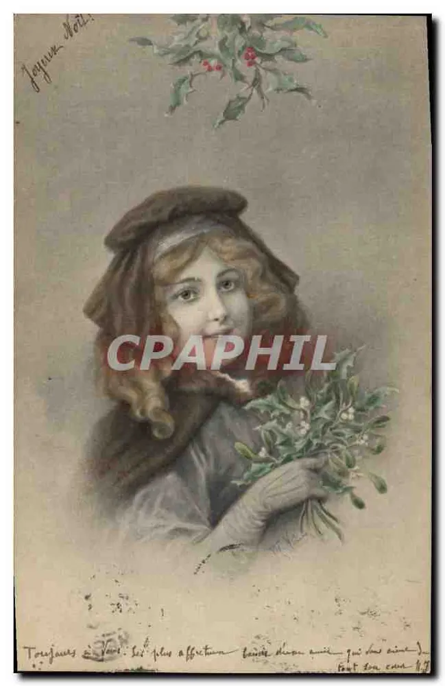 Joven mujer sosteniendo un arbusto de visco — Feliz Navidad — M. M. Vienne, n° 202 - Anverso