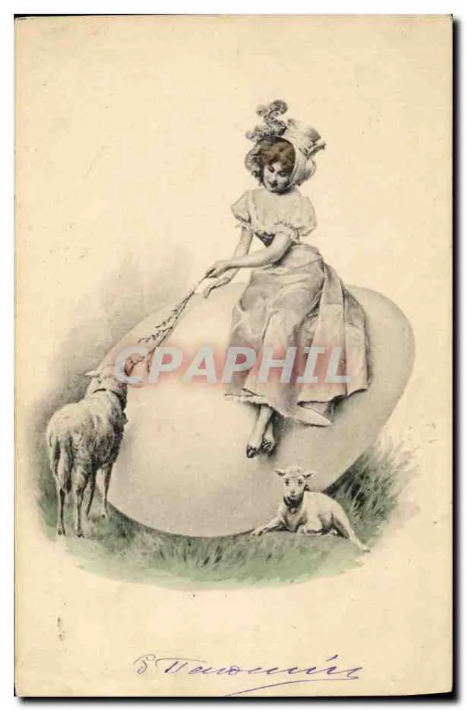 Mädchen, das auf einem großen Ei sitzt, umgeben von Schafen — Edition von M. M. Vienne - Vorderseite