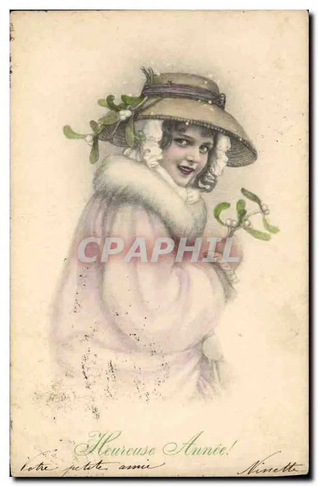 Jeune femme en manteau fourré et chapeau décoré de gui — éditeur anonyme, n° 338 - Vorderseite