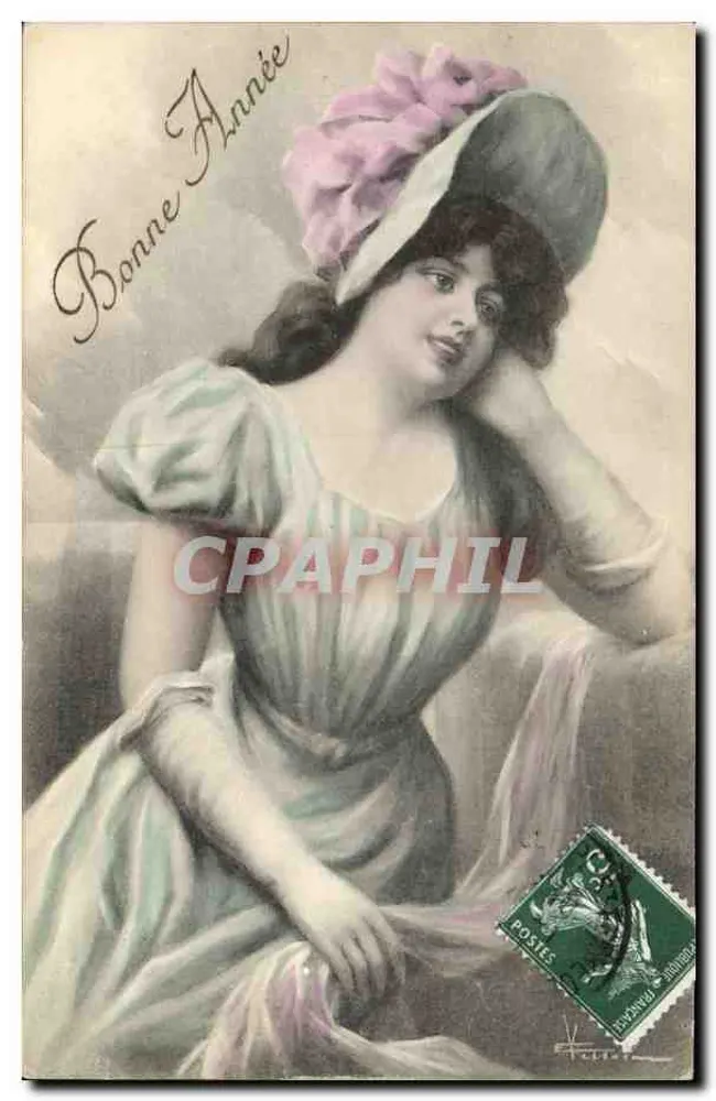 Junge Frau mit Blumenhut — Frohe Neujahr — Verlag V.K., Wien, Nr. 7011 - Vorderseite