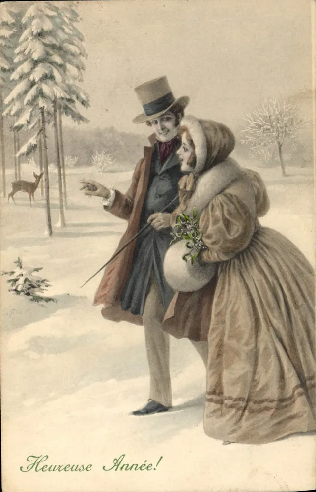 Paar in Winterkleidung in einer schneebedeckten Landschaft — J. Thévy — Verlag M. M. Vienne, n° 465 - Vorderseite