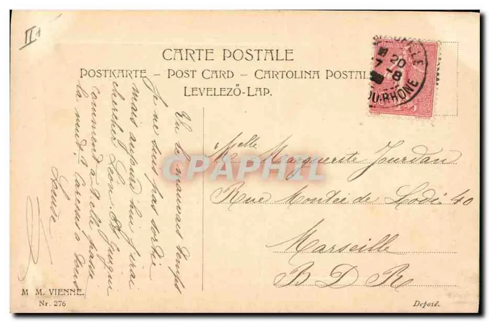 Junge Frau mit Blumenstrauß — Frohe Geburtstagskarte — Verlag M. M. VIENNE, Nr. 276 - Rückseite