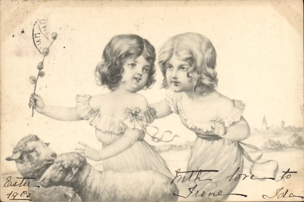 Zwei Kinder mit Schafen — Ostern 1903 — unbekannter Verlag, Seriennummer 136 - Vorderseite