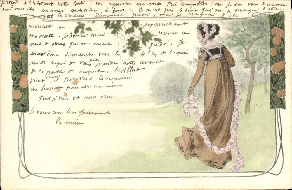 Frau in langer Kleidung mit Blumen — ländliche Szene — Verlag M. M. Vienne, n° IV - Vorderseite