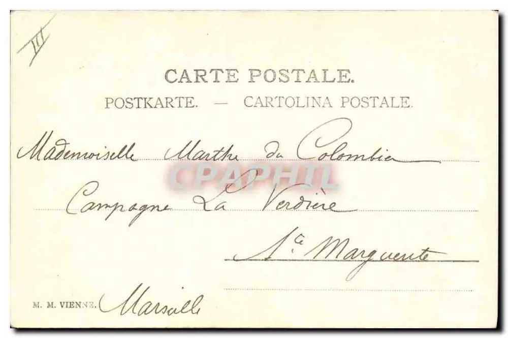 Frau in langer Kleidung mit Blumen — ländliche Szene — Verlag M. M. Vienne, n° IV - Rückseite