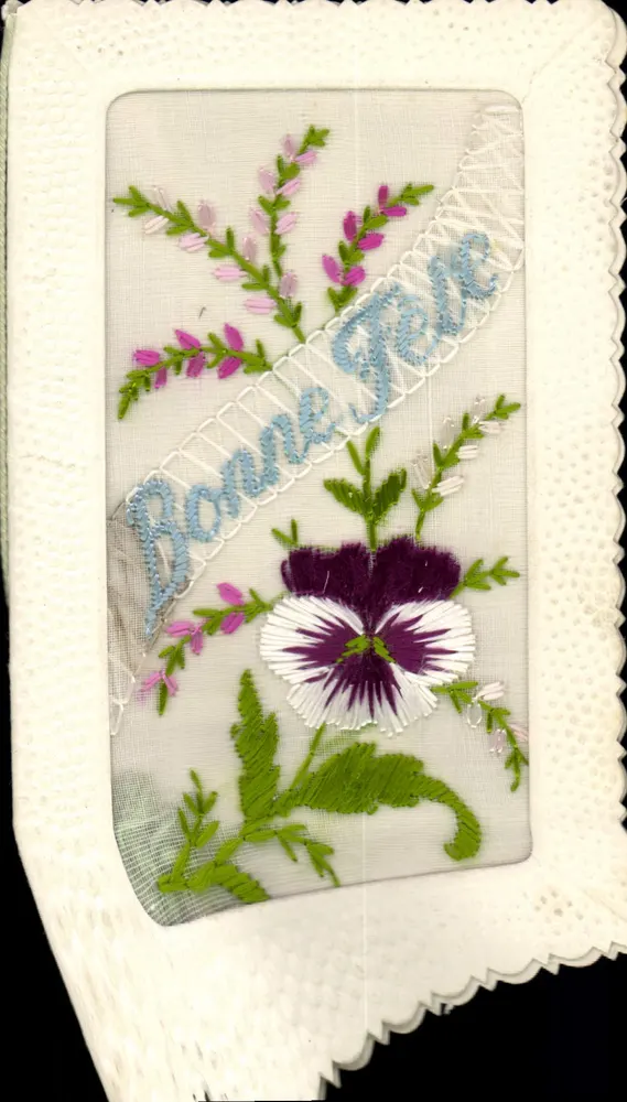 Fleur de pensée e heuchère — Boa Ano — carta postal bordada - Frente