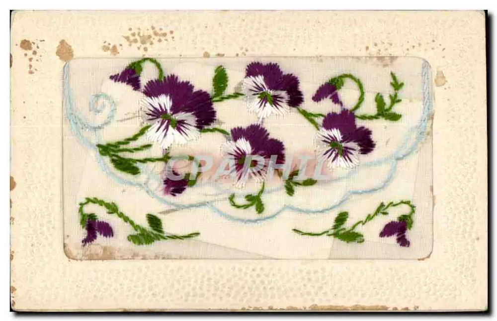 Flores bordadas — motivo de margaridas violetas e brancas — carta postal francesa - Frente