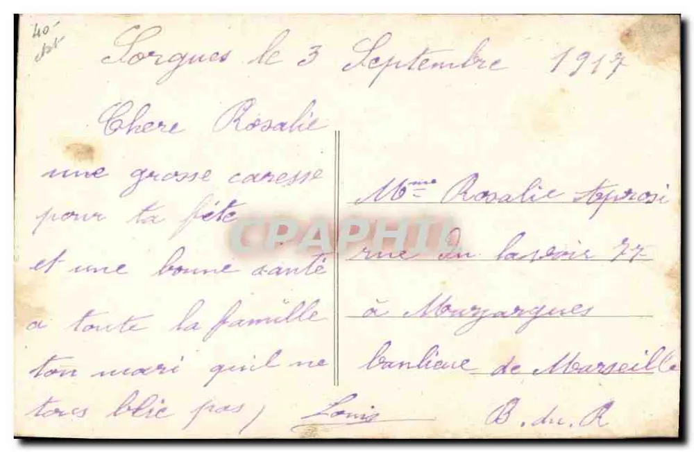 Flores bordadas — cartão postal de Sorgues — Louis de B. de R. - Verso