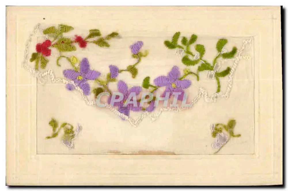 Flores bordadas — carta postal decorativa — F.P.C.L. - Frente