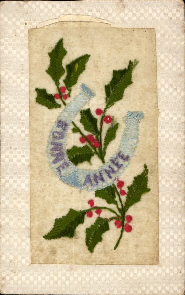 Efeu und Steigbügel gestickt — Frohe Weihnachten — Marie Louise Olmier - Vorderseite