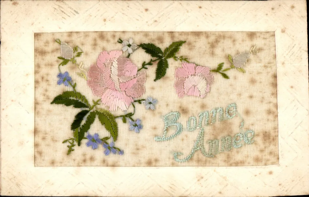 Flores bordadas — Boa Ano — Carta postal - Frente