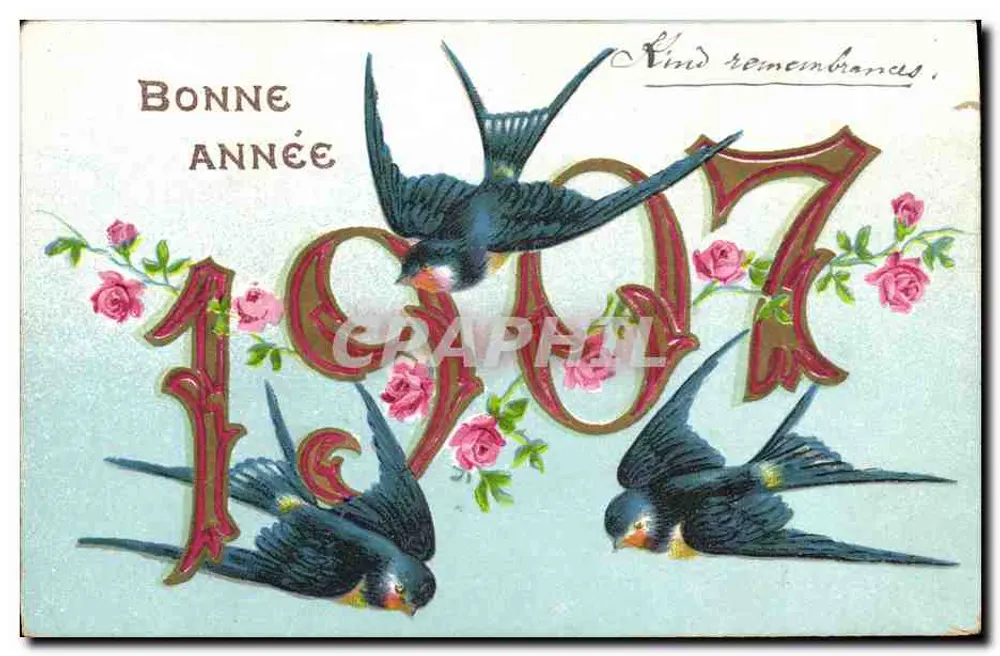 Guten Jahresbeginn 1907 — Vögel und Rosen — Serie 30.25 - Vorderseite