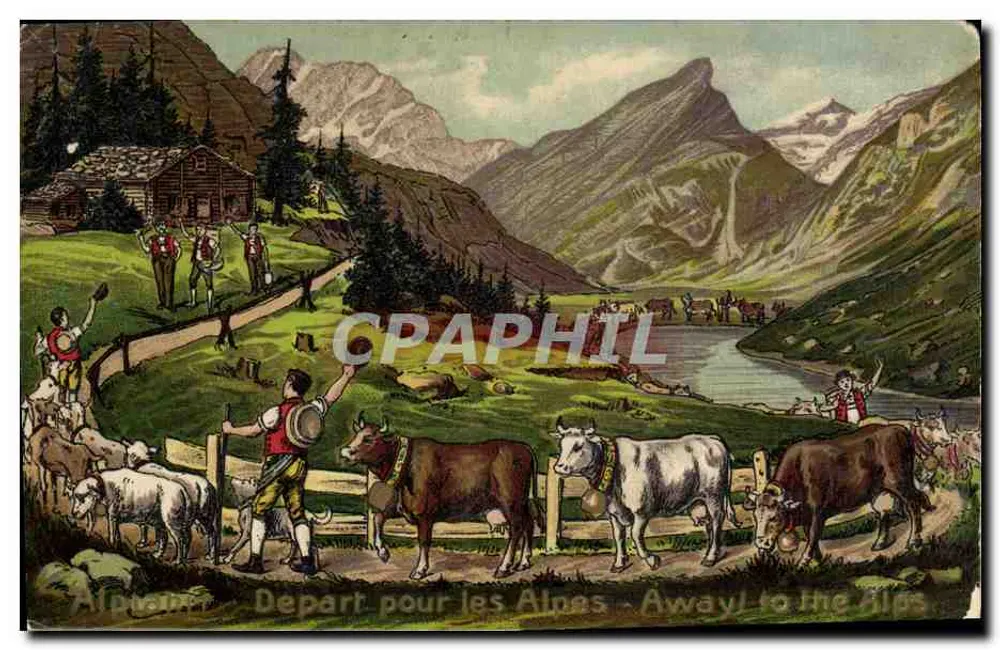 Abreise in die Alpen — Away! to the Alps — Verleger H. Guggenheim & Cie, Zürich - Vorderseite