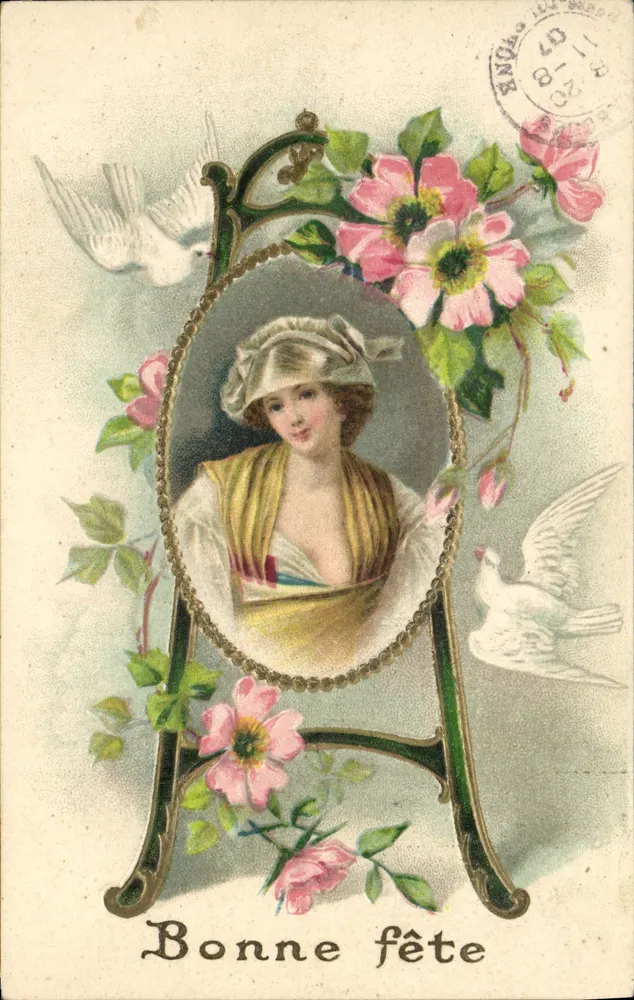 Frau in einem Rahmen mit Tauben und Blumen — Frohe Geburtstagskarte — Postkarte der Universal Postal Union - Vorderseite
