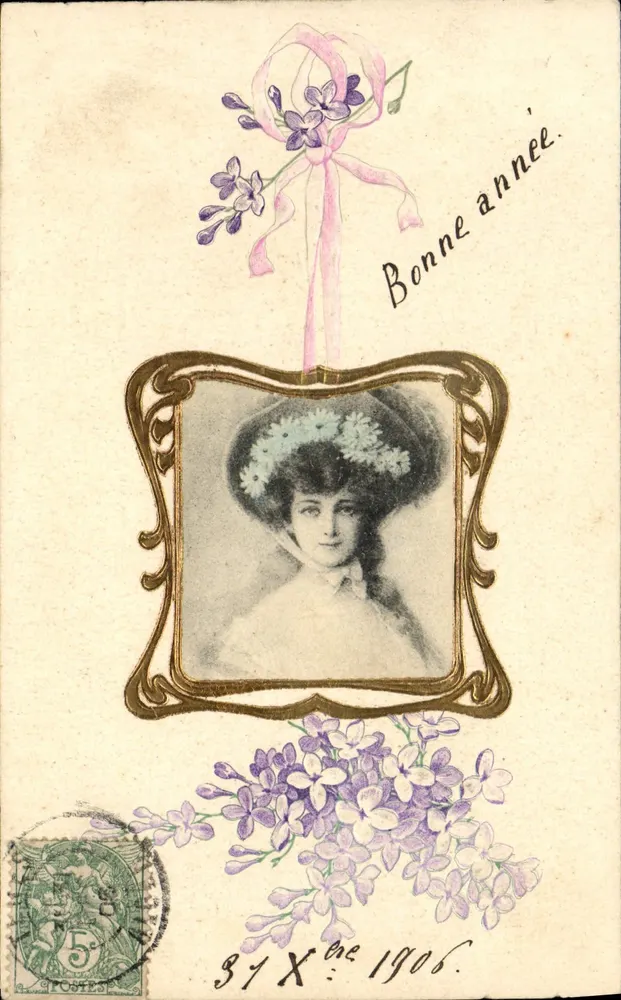 Frau mit blühendem Hut — Neujahrs-Karte 1906 — Verlag nicht sichtbar - Vorderseite