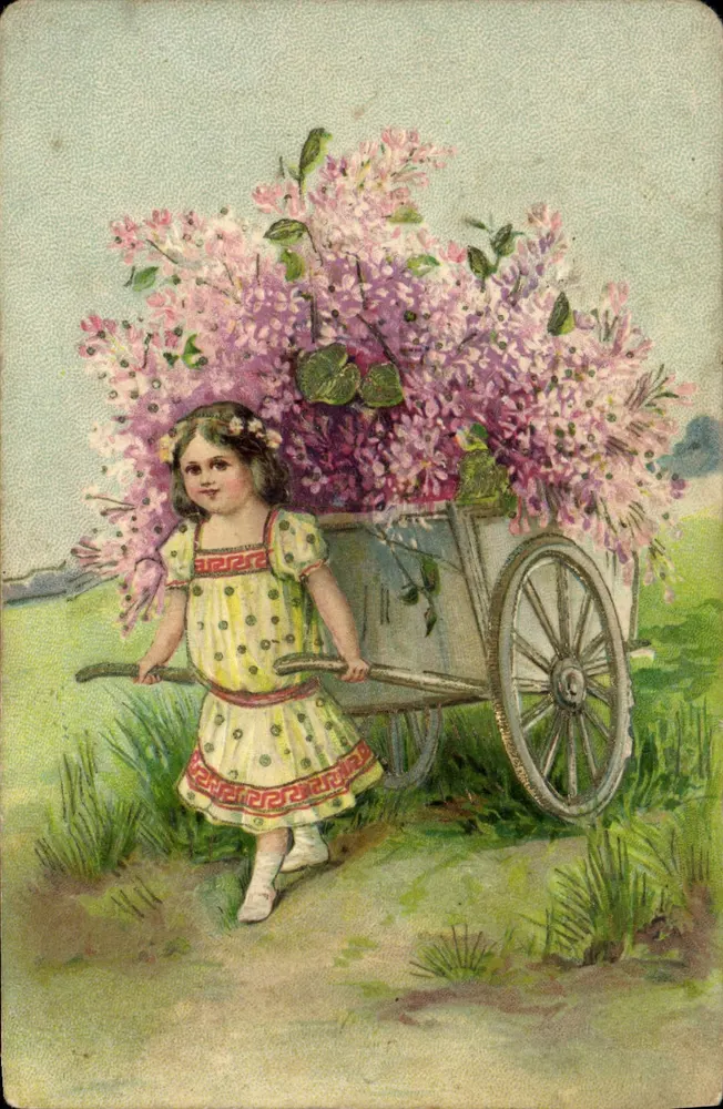 Mädchen mit Lilienwagen — farbige Illustration — Verlag nicht sichtbar - Vorderseite