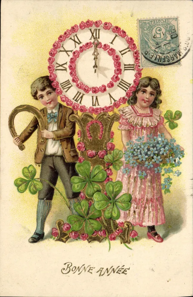 Kinder und verzierte Uhr — Frohe Neujahr — Verlag nicht sichtbar - Vorderseite