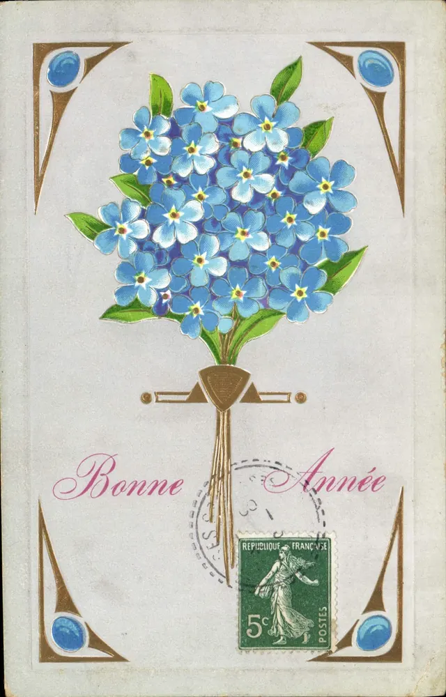 Arranjo de flores azuis — Boa Ano — República Francesa - Frente