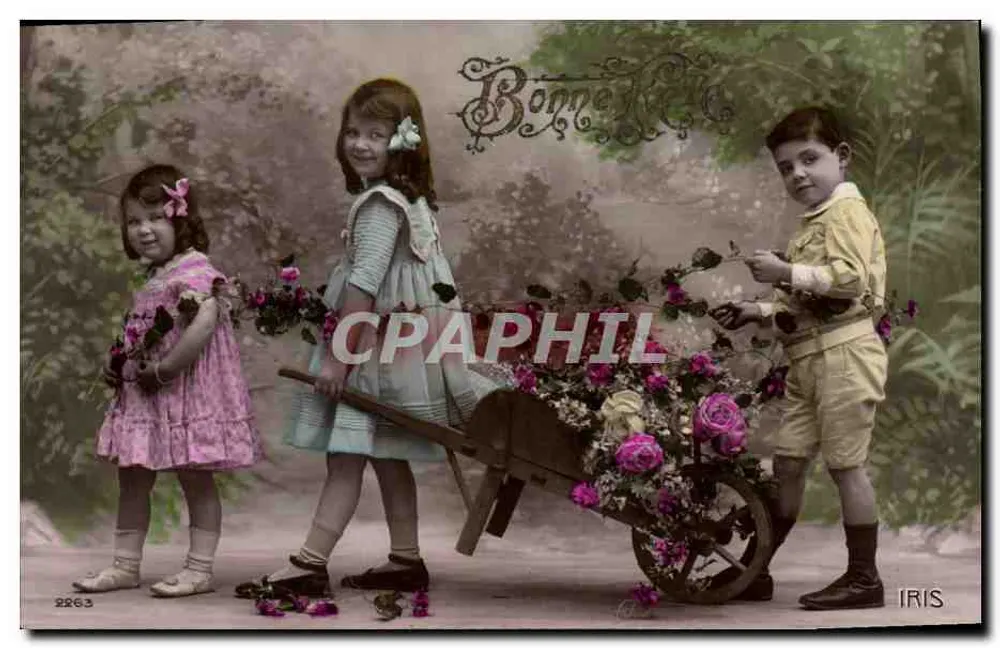 Crianças com carrinho de flores — Boa Ano — editor IRIS, n° 2263 - Frente