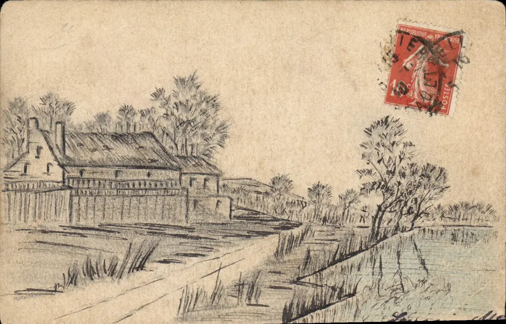 Vue de bâtiments bordant un cours d'eau — dessin à l'encre — éditeur inconnu - Vorderseite