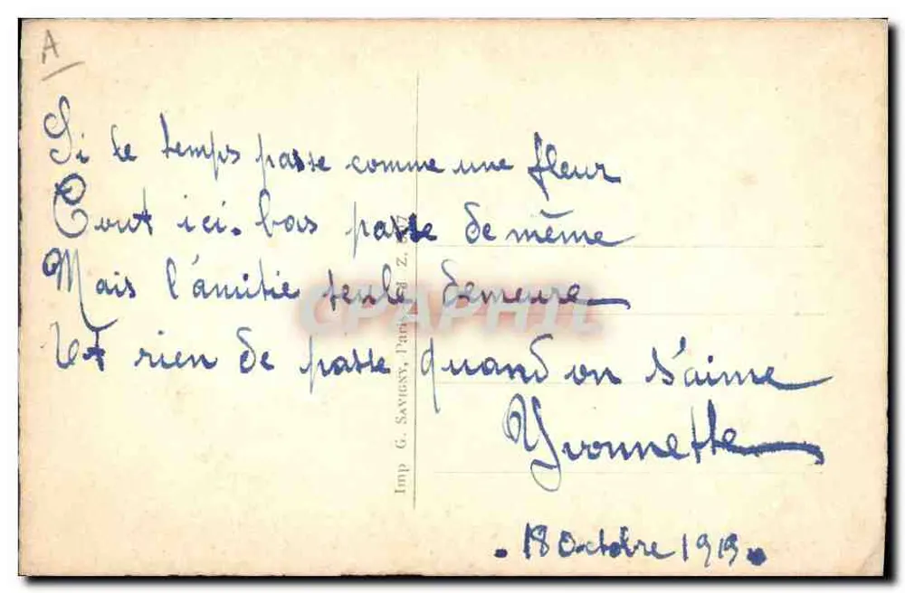 Frau in einem rosa Kleid unter violetten Blumen — Zeichnung signiert 'Mi.Ki' — Imp. G. Saviesy, Paris - Rückseite