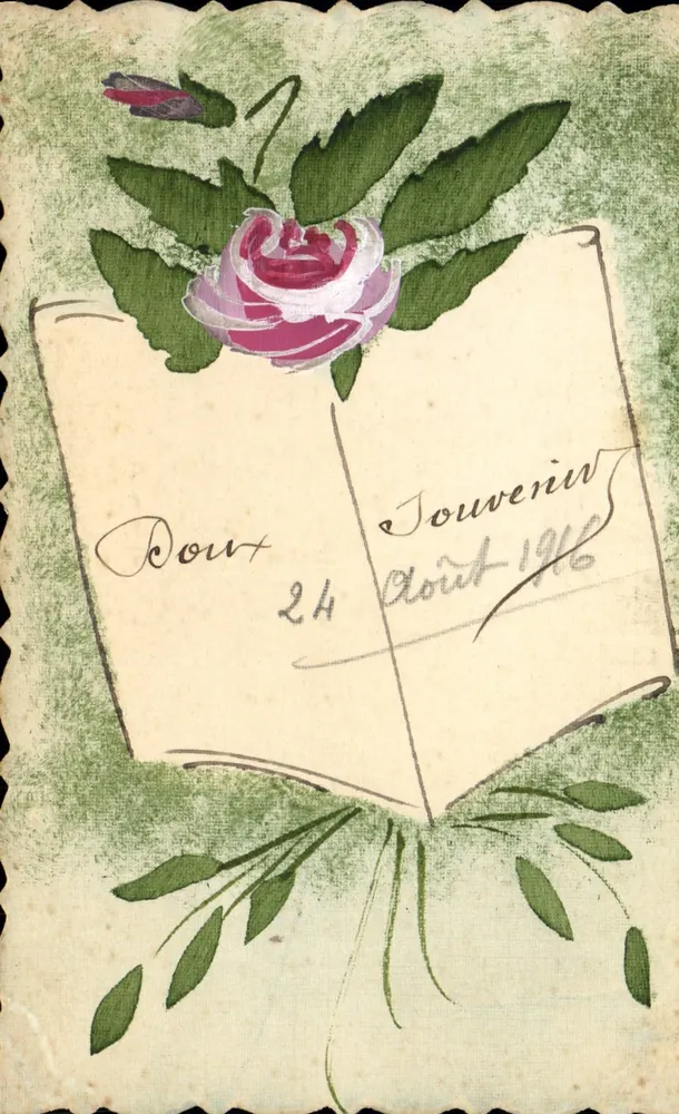 Rose auf Buch — Erinnerung 24. August 1916 — Verlag nicht sichtbar - Vorderseite