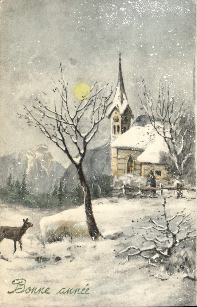 Schneegestalt — Kirche und Hirsch unter dem Mond — V. K., Wien, Serie 5311 - Vorderseite