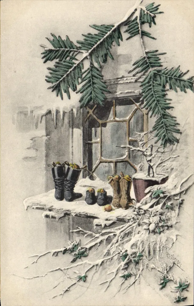 Cena invernal — janela com botas e galho de abeto — M. M. Vienne - Frente