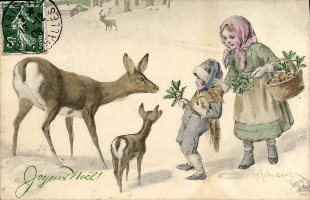 Kinder, die Tannenzweige an Hirsche überreichen — H. Schubert — M. M. Munk, Nr. 394 - Vorderseite
