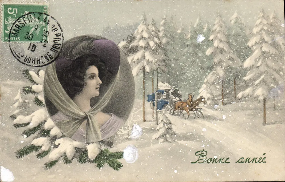 Winterlandschaft mit Frau im Hut — Frohe Weihnachten — Verlag V.K. VIENNE, Nr. 5051 - Vorderseite