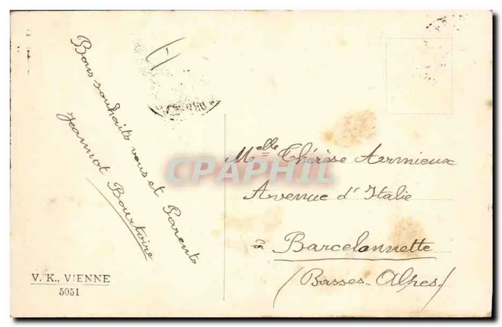 Winterlandschaft mit Frau im Hut — Frohe Weihnachten — Verlag V.K. VIENNE, Nr. 5051 - Rückseite