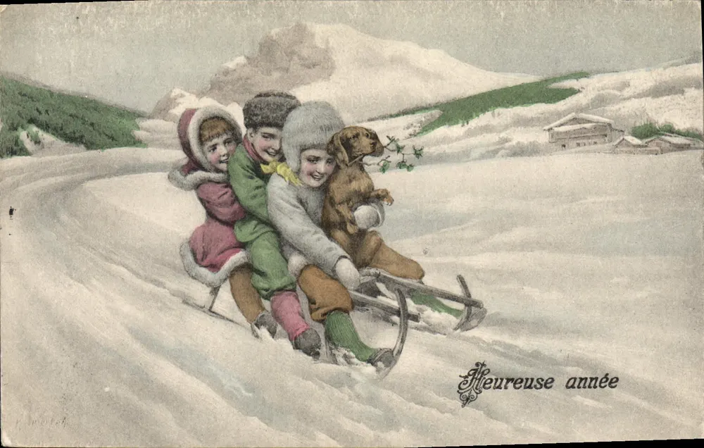 Kinder und Hund auf Schlitten — Schneeberg — 'Frohe Weihnachten' — Verlag nicht sichtbar - Vorderseite