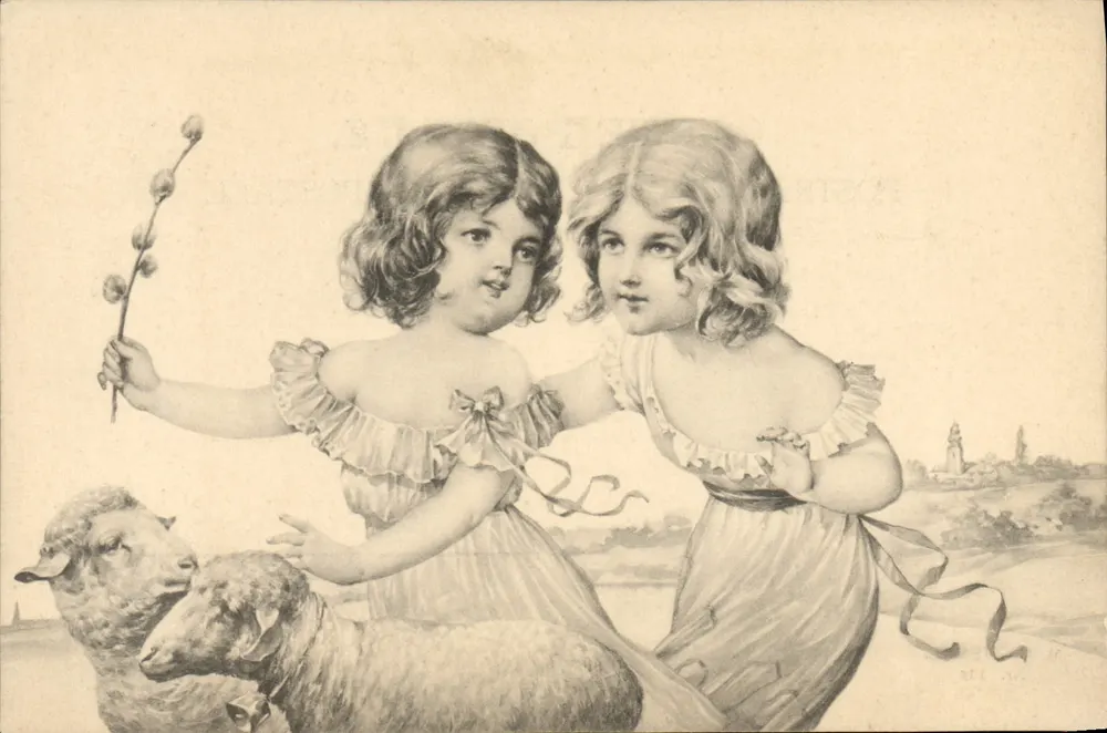Zwei kleine Mädchen mit Schafen — pastorale Szene — M. M. Vienne, Nr. 136 - Vorderseite