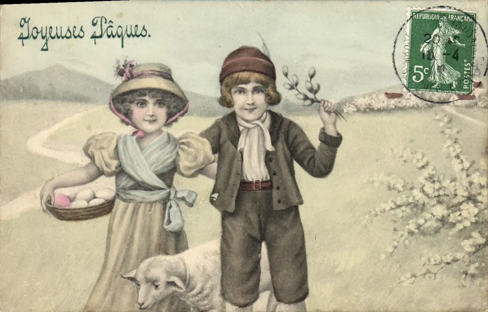 Kinder und Schaf — Ostern — V. K. VIENNE - Vorderseite