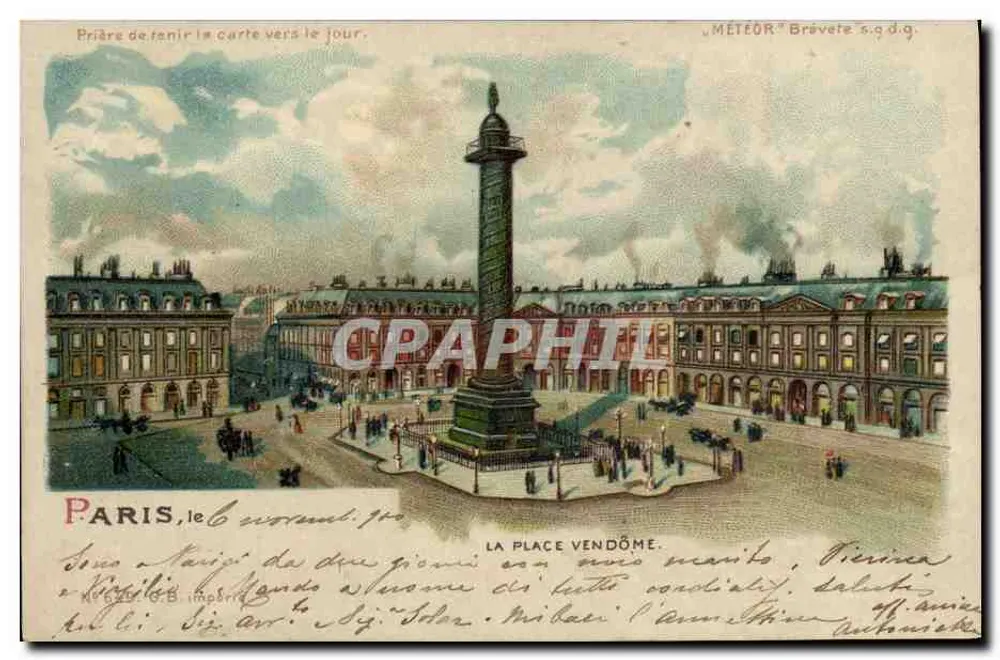 Paris, die Place Vendôme — Ansicht der Säule — Verlag Météor, Brévete s.g.d.g. - Vorderseite