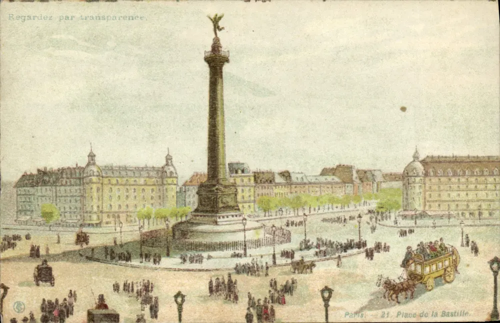 Place de la Bastille — Säule der Bastille mit Menge und Kutsche — Verlag Paris, n° 21 - Vorderseite