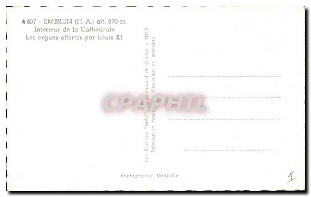 Innenansicht der Kathedrale von Embrun — Orgeln gespendet von Ludwig XI — Verlag 'MAR' — Nr. 4.607 - Rückseite