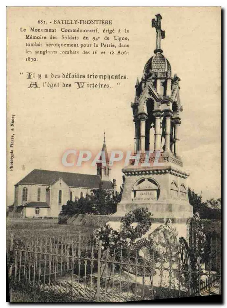 Batilly-Frontière — Gedenkstein für die Soldaten des 94. Linienregiments, die heldenhaft für die Vaterland in den Schlachten vom 16. und 18. August 1870 fielen — Phototype Fiacre, Nancy, n° 681 - Vorderseite