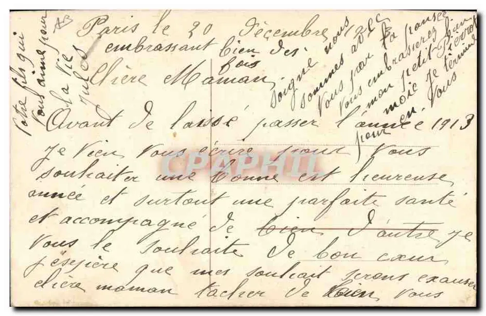 Flores bordadas — Paris, 30 de dezembro de 1913 — Carte postale manuscrite - Verso