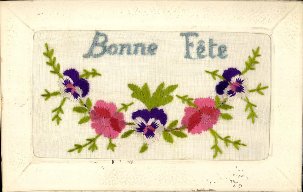 Flores bordadas — Boa Festa — Carta postal - Frente
