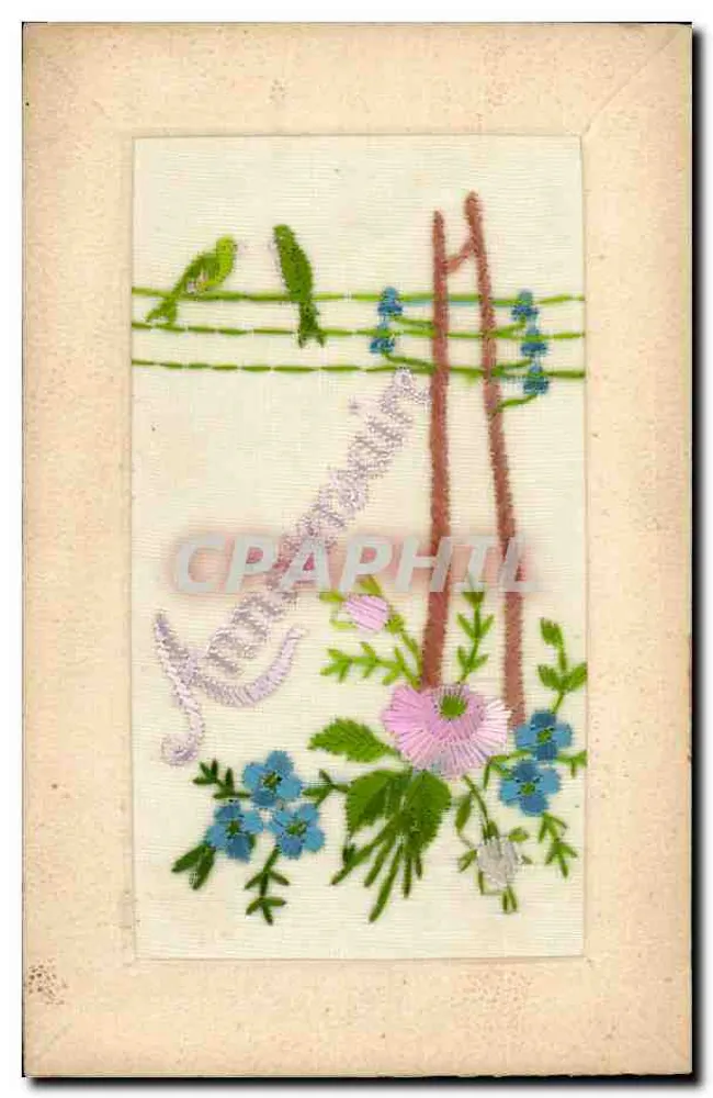 Pássaros em fio de ferro — flores bordadas — Fabricação Francesa - Frente