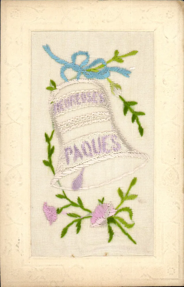 Ostern — Geknüpfte Glocke mit blauem Band und Blumen — Französische Ansichtskarte - Vorderseite