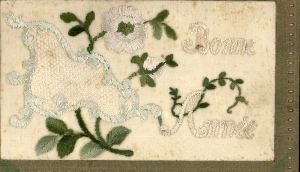 Oiseau et fleurs — Carte de vœux brodée — A. Décal & Cie - Tarare - Frente