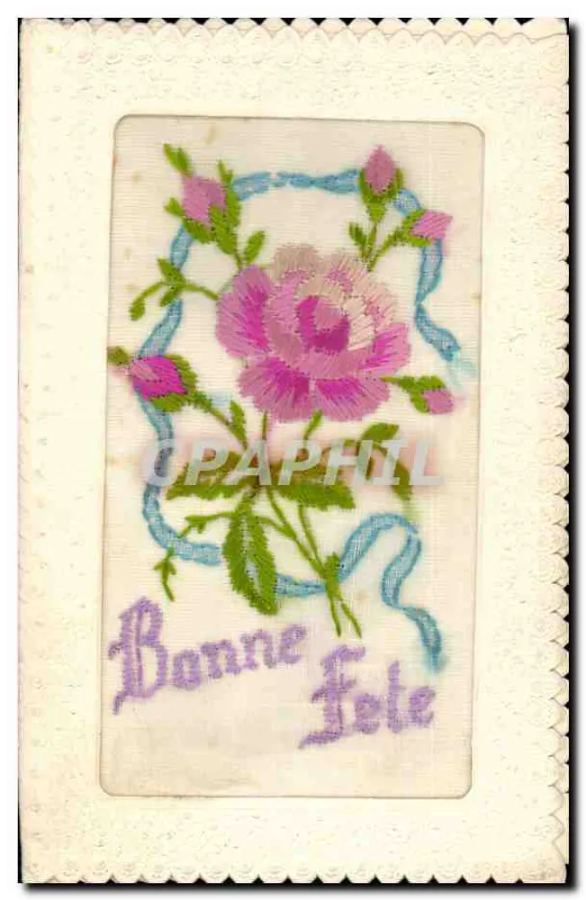 Bom Ano — cartão postal bordado com rosa e fita — editor desconhecido - Frente